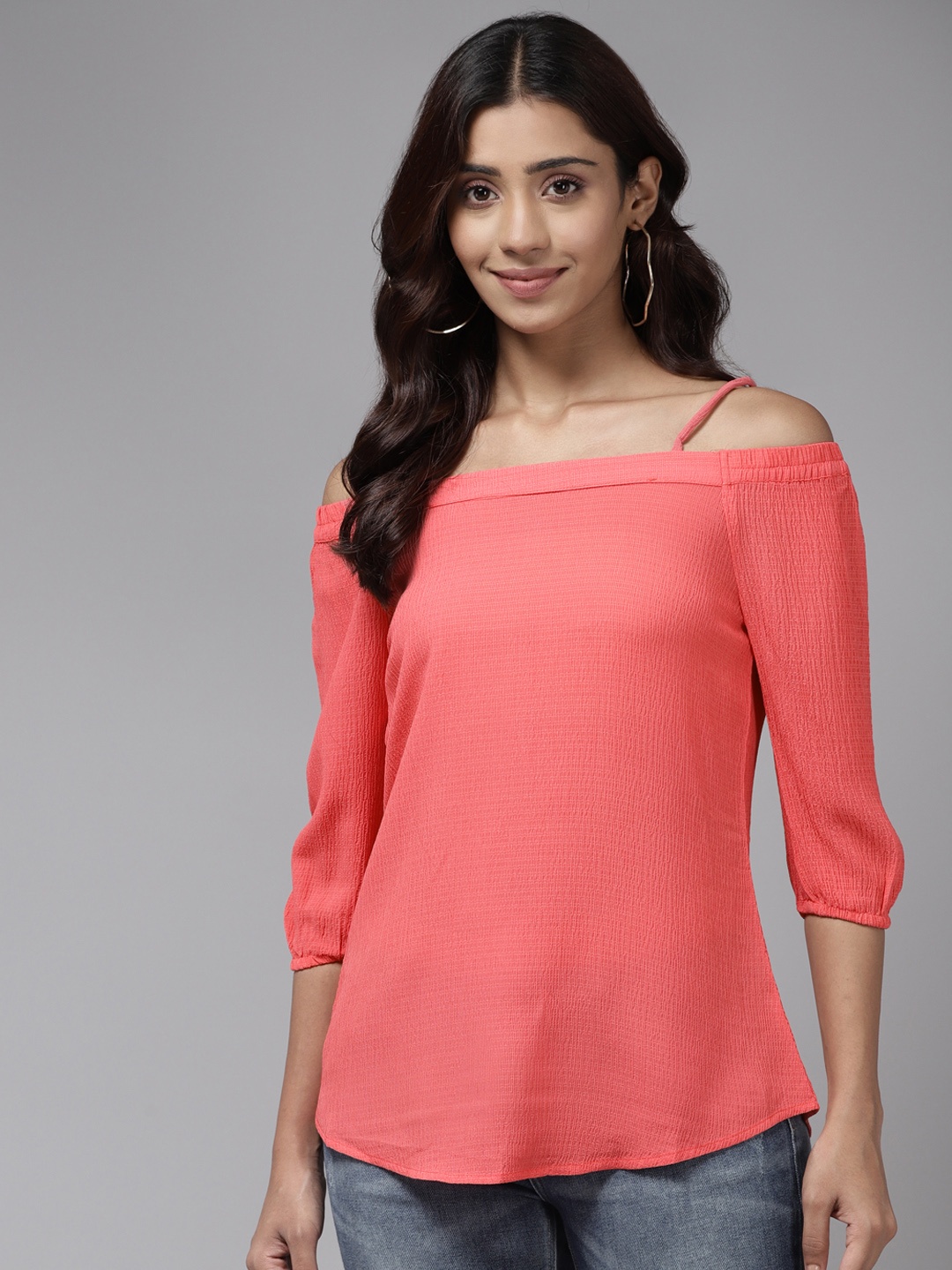 

Aarika Pink Cold Shoulder Solid Top