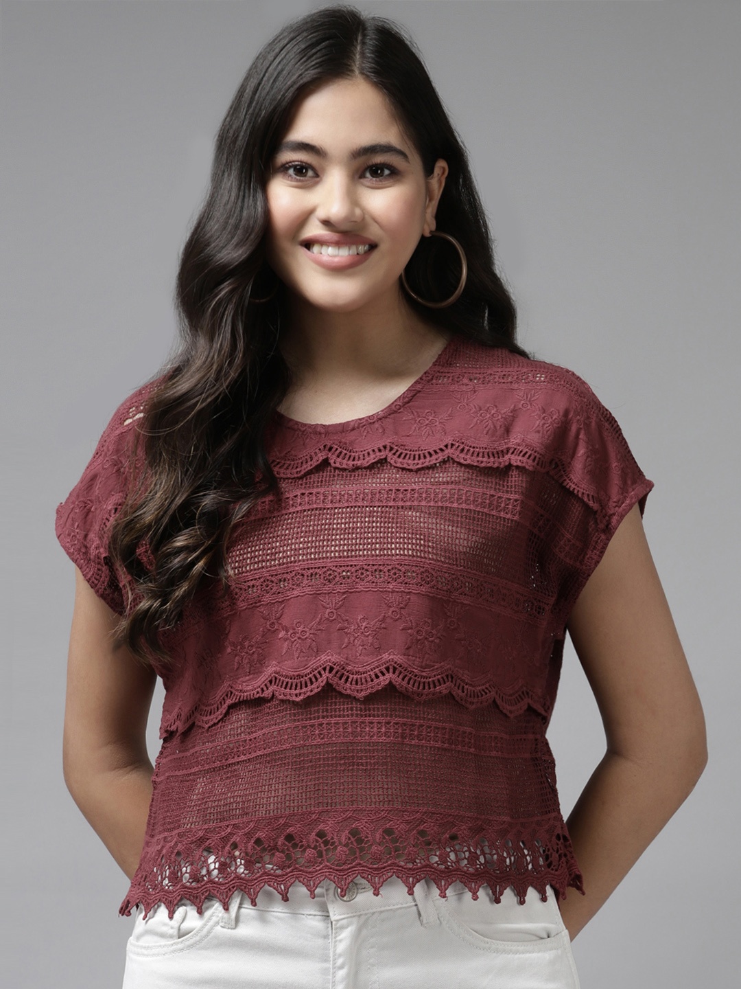

Aarika Maroon Extended Sleeves Georgette Top