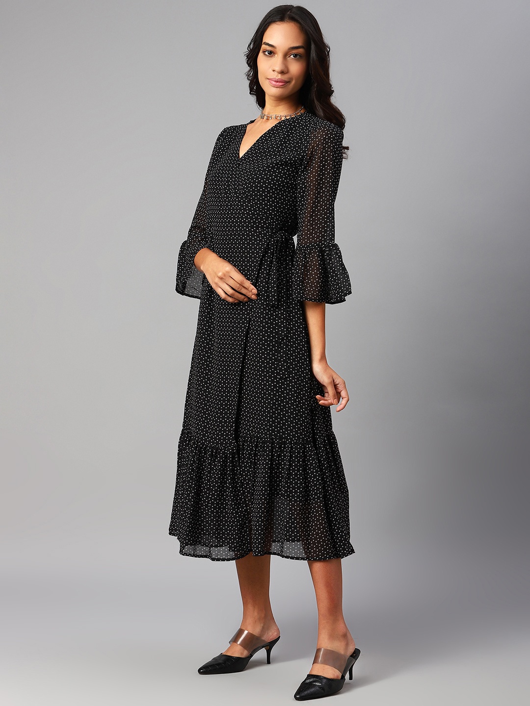

Cottinfab Black & White Polka Dots Crepe Midi Dress