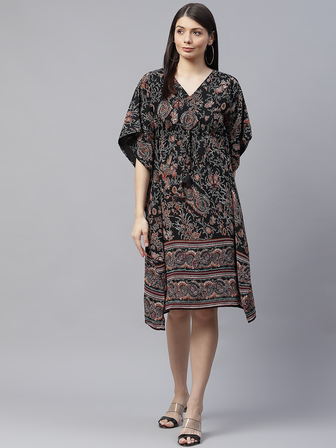 

Cottinfab Black & Maroon Floral Georgette Kaftan Dress