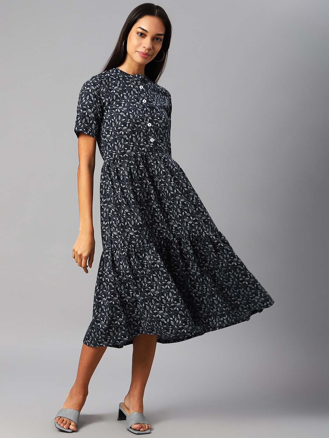 

Cottinfab Navy Blue & White Floral A-Line Midi Dress