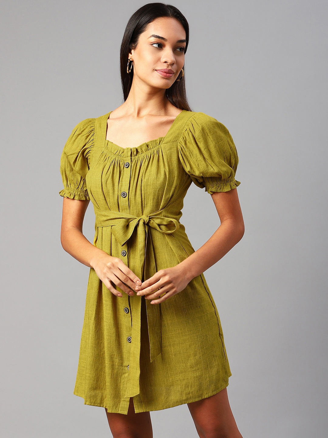 

Cottinfab Yellow Puff Sleeves A-Line Dress