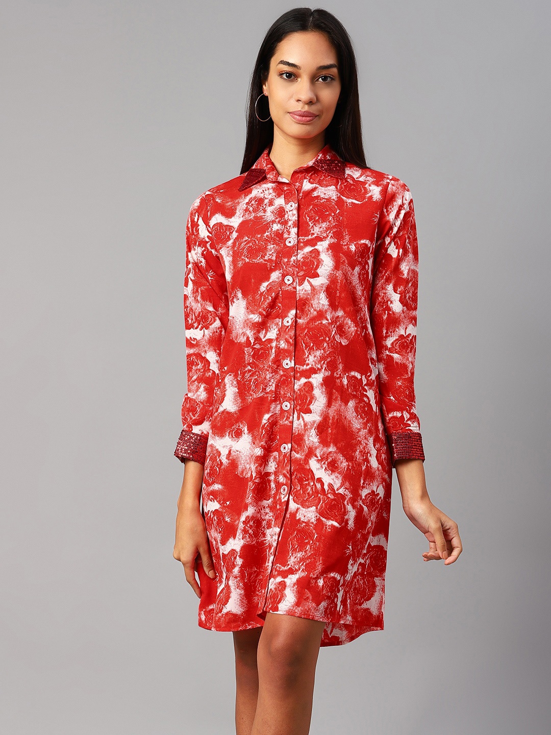 

Cottinfab Red & White Floral Crepe Shirt Dress