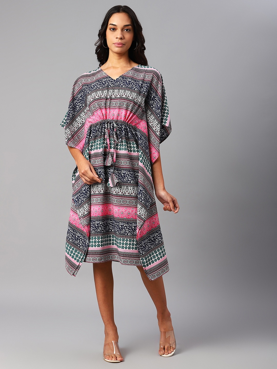 

Cottinfab Navy Blue & White Ethnic Motifs Crepe Kaftan Dress
