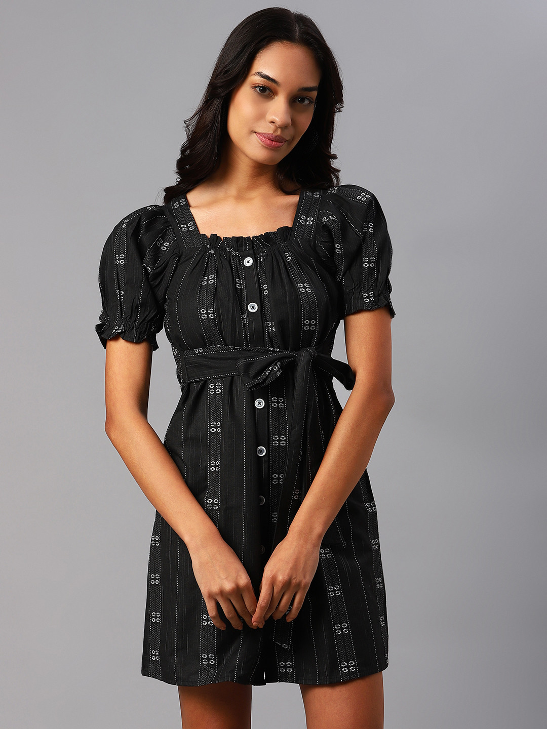 

Cottinfab Black & White Ethnic Motifs Puff Sleeves A-Line Dress