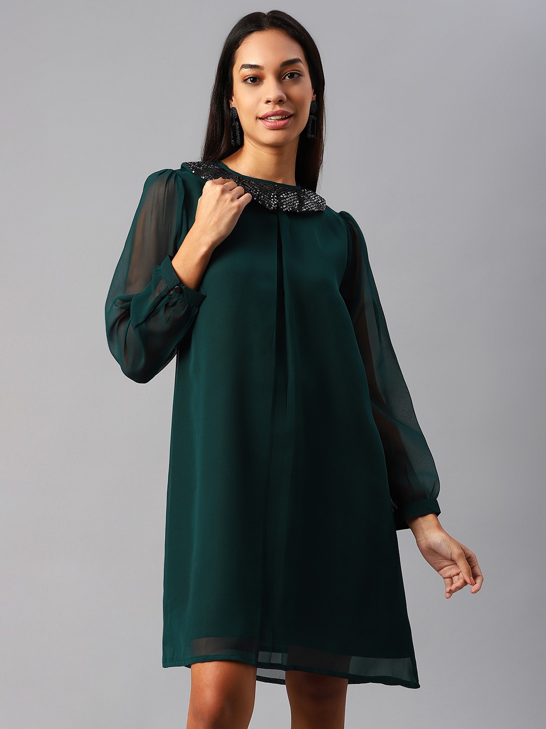 

Cottinfab Green Sequin Embellish Neck Georgette A-Line Dress
