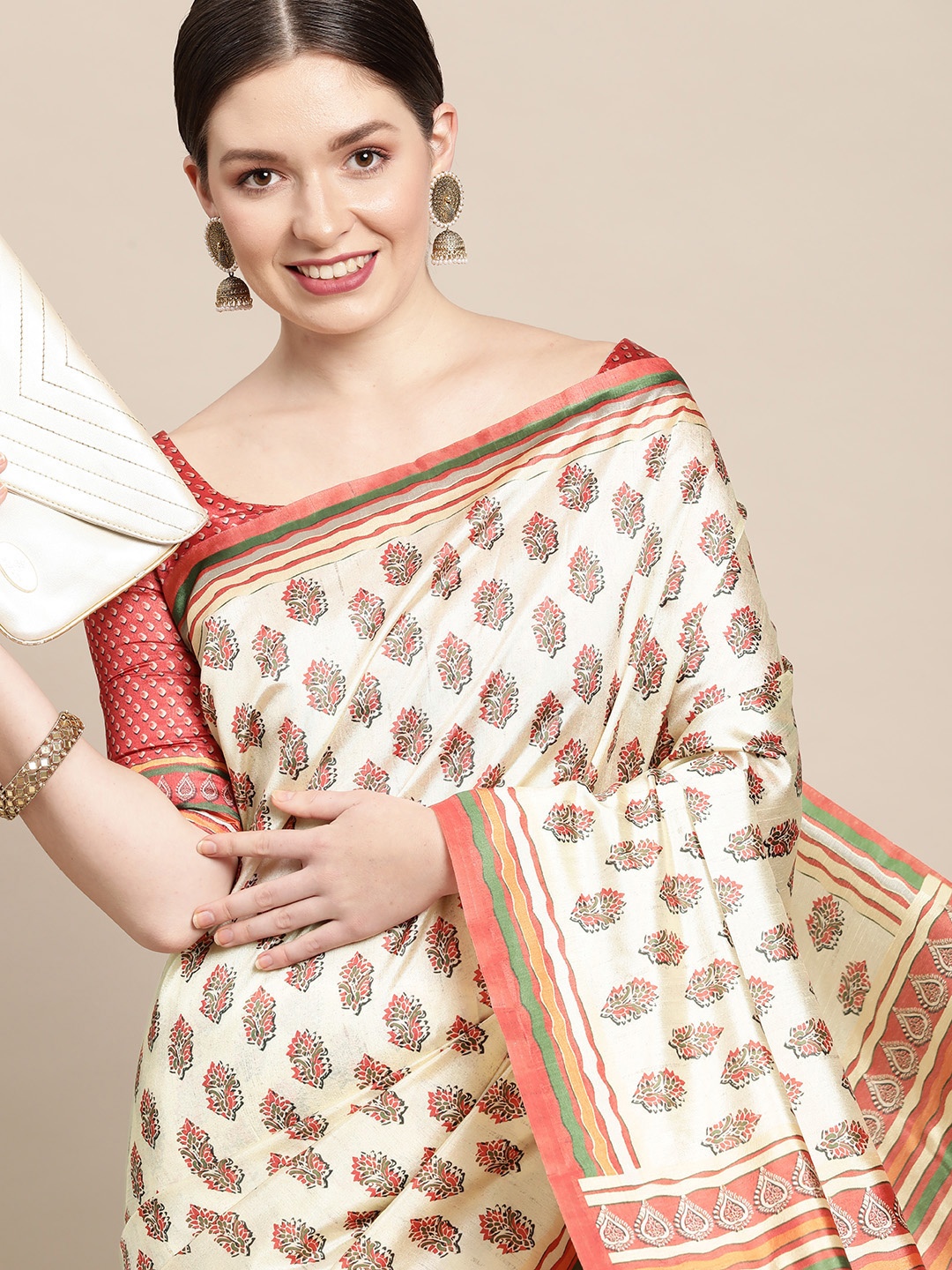 

Saree mall Off White & Pink Ethnic Motifs Print Silk Blend Bagh Sarees