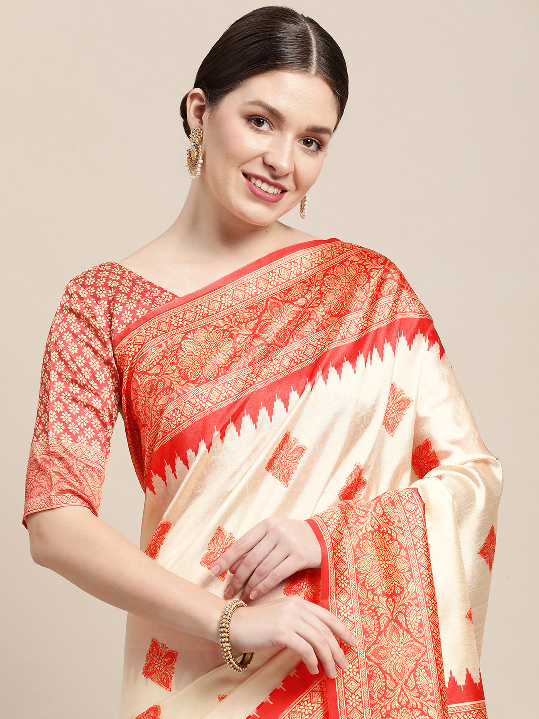 

Saree mall Off White & Pink Ethnic Motifs Print Silk Blend Sambalpuri Sarees