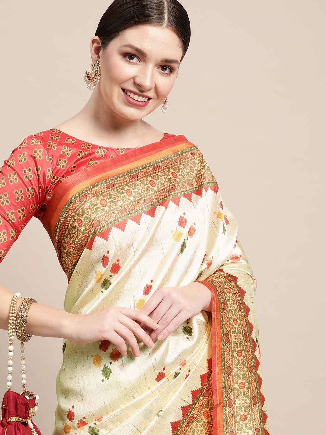 

Saree mall Off White & Pink Ethnic Motifs Print Silk Blend Sambalpuri Sarees