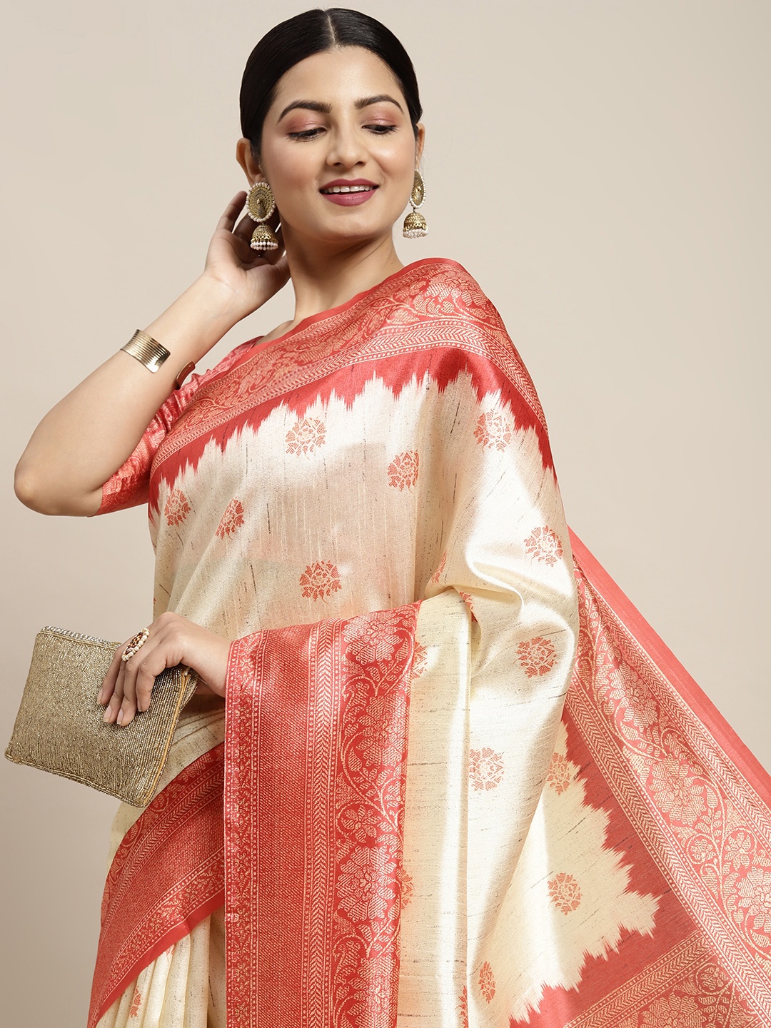 

Saree mall Off White & Pink Ethnic Motifs Print Silk Blend Sambalpuri Sarees