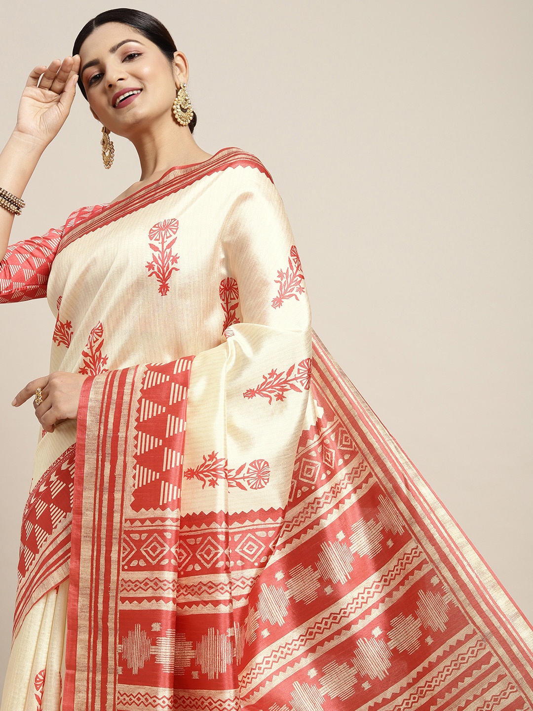 

Saree mall Off White & Red Ethnic Motifs Silk Blend Sambalpuri Sarees