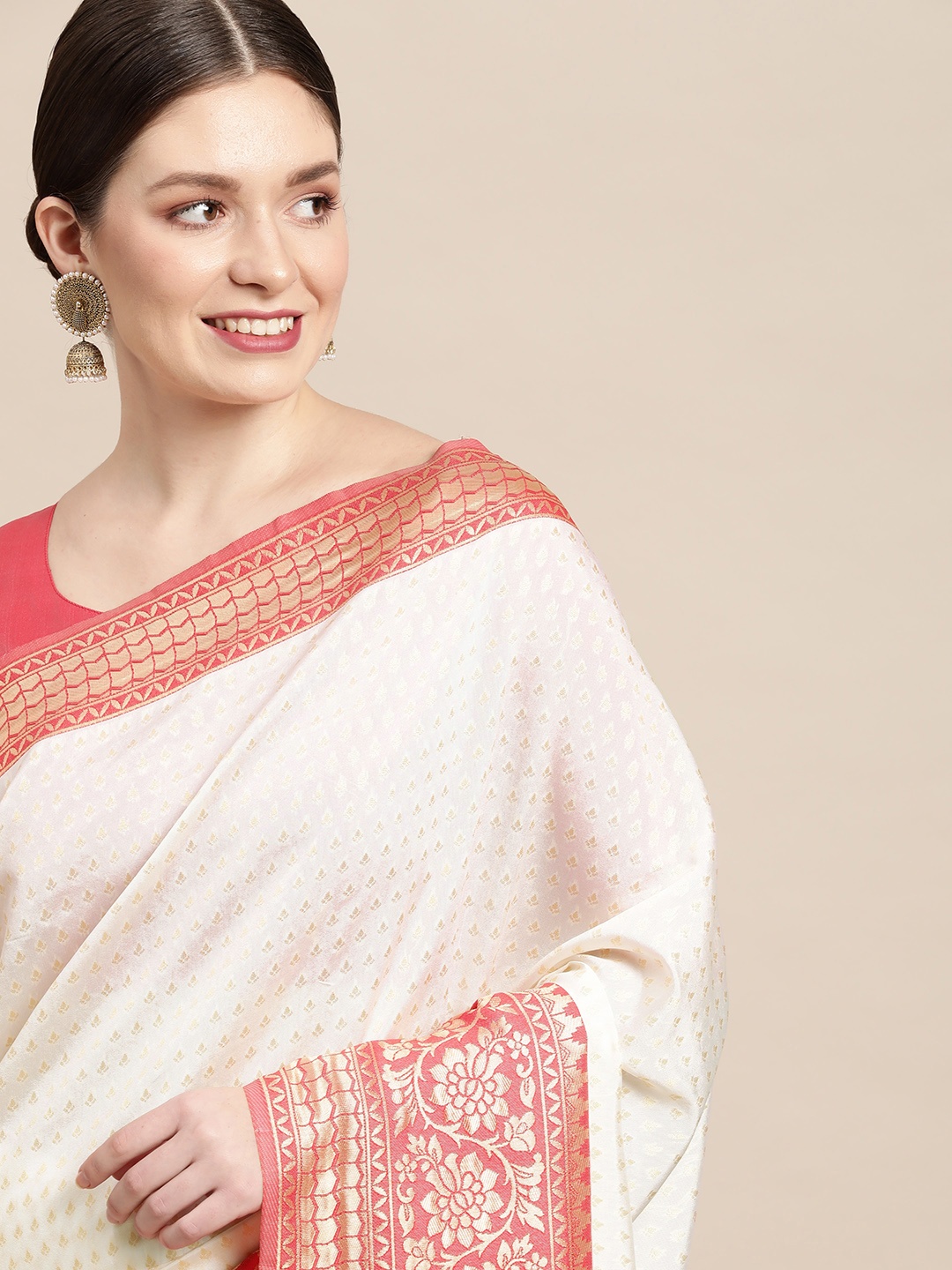 

Saree mall Off White & Pink Ethnic Motifs Print Silk Blend Kanjeevaram Sarees
