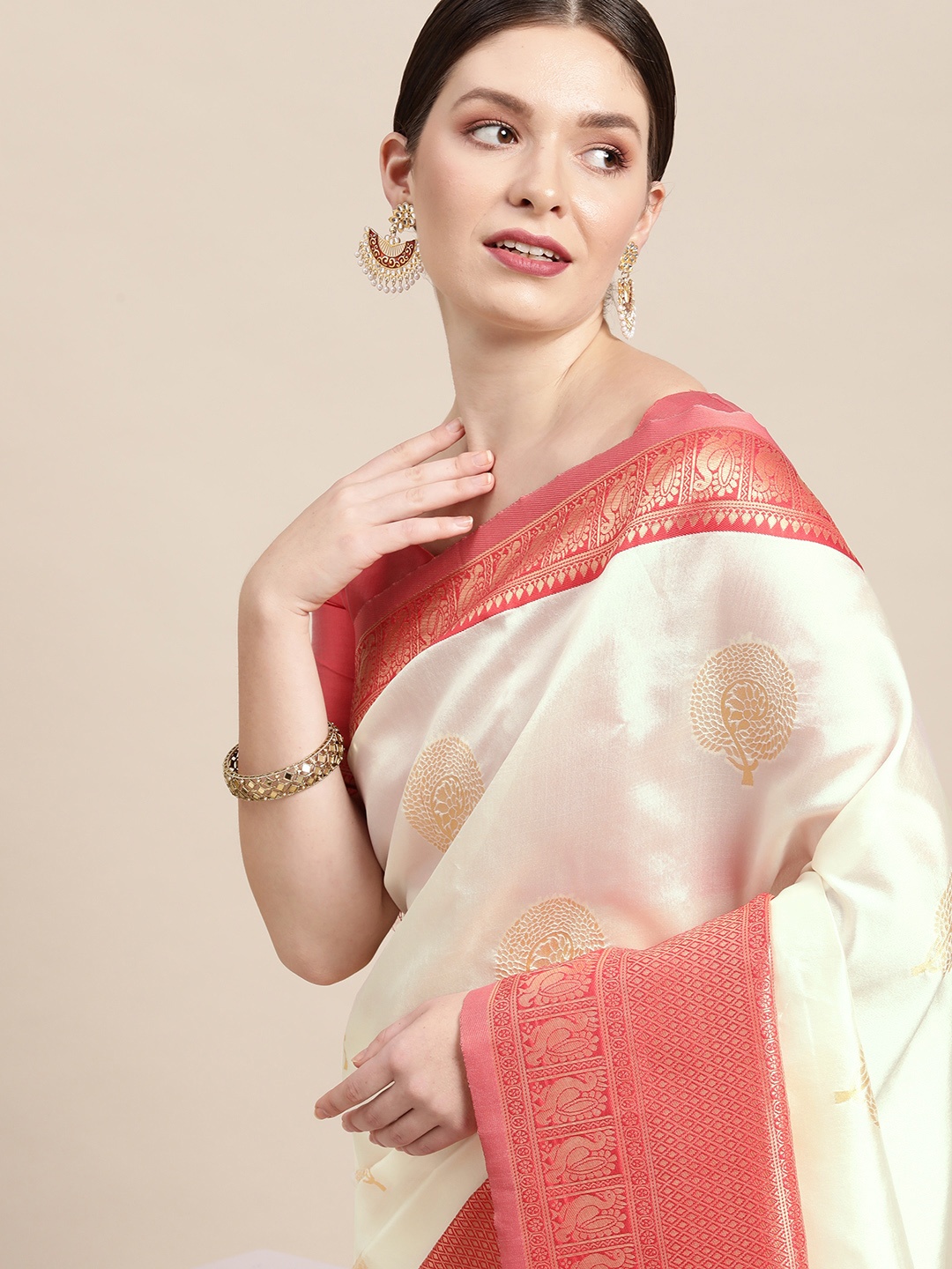 

Saree mall Off White & Pink Ethnic Motifs Print Silk Blend Kanjeevaram Sarees