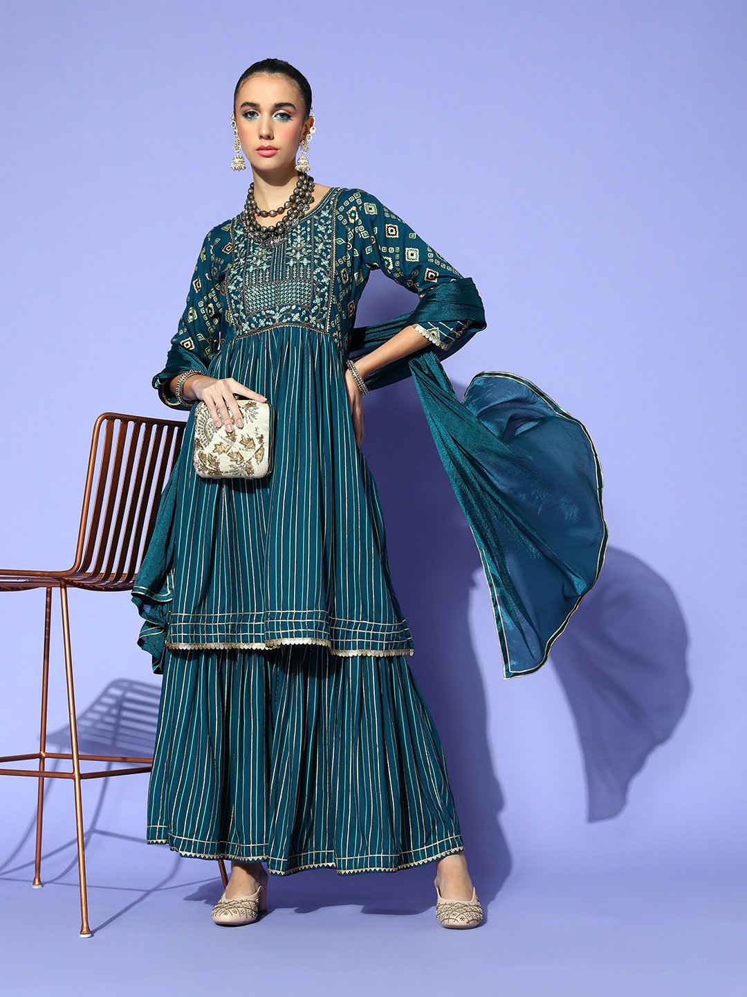 

SheWill Women Striped Viscose Rayon Co-ord Set, Teal