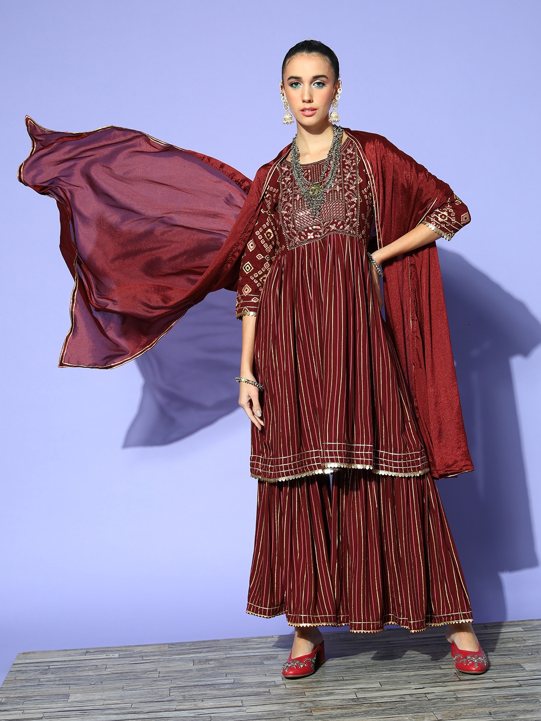

SheWill Women Striped Viscose Rayon Co-ord Set, Maroon