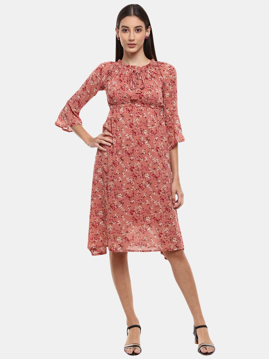 

V-Mart Peach-Coloured Floral Tie-Up Neck Georgette Midi Dress