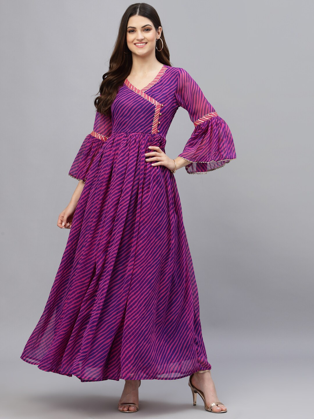

Ragavi Women Purple & Pink Leheriya Bell Sleeves Gotta Patti Georgette Anarkali Kurta