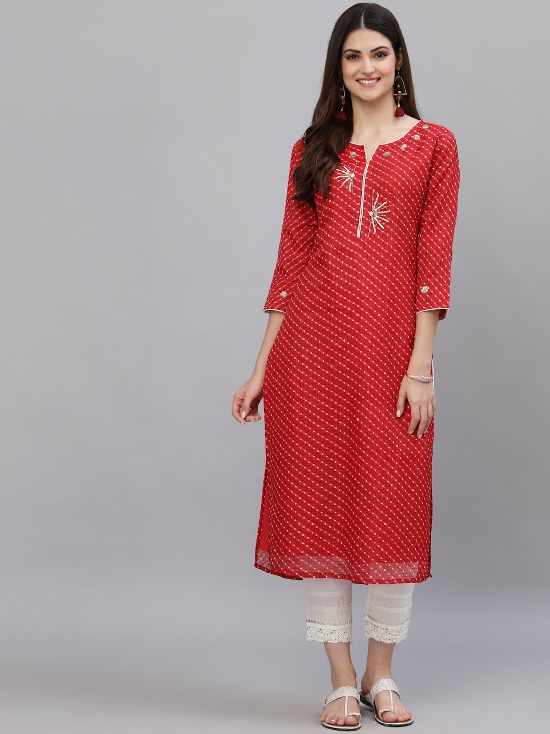 

Ragavi Women Red Geometric Printed Thread Work Kurta
