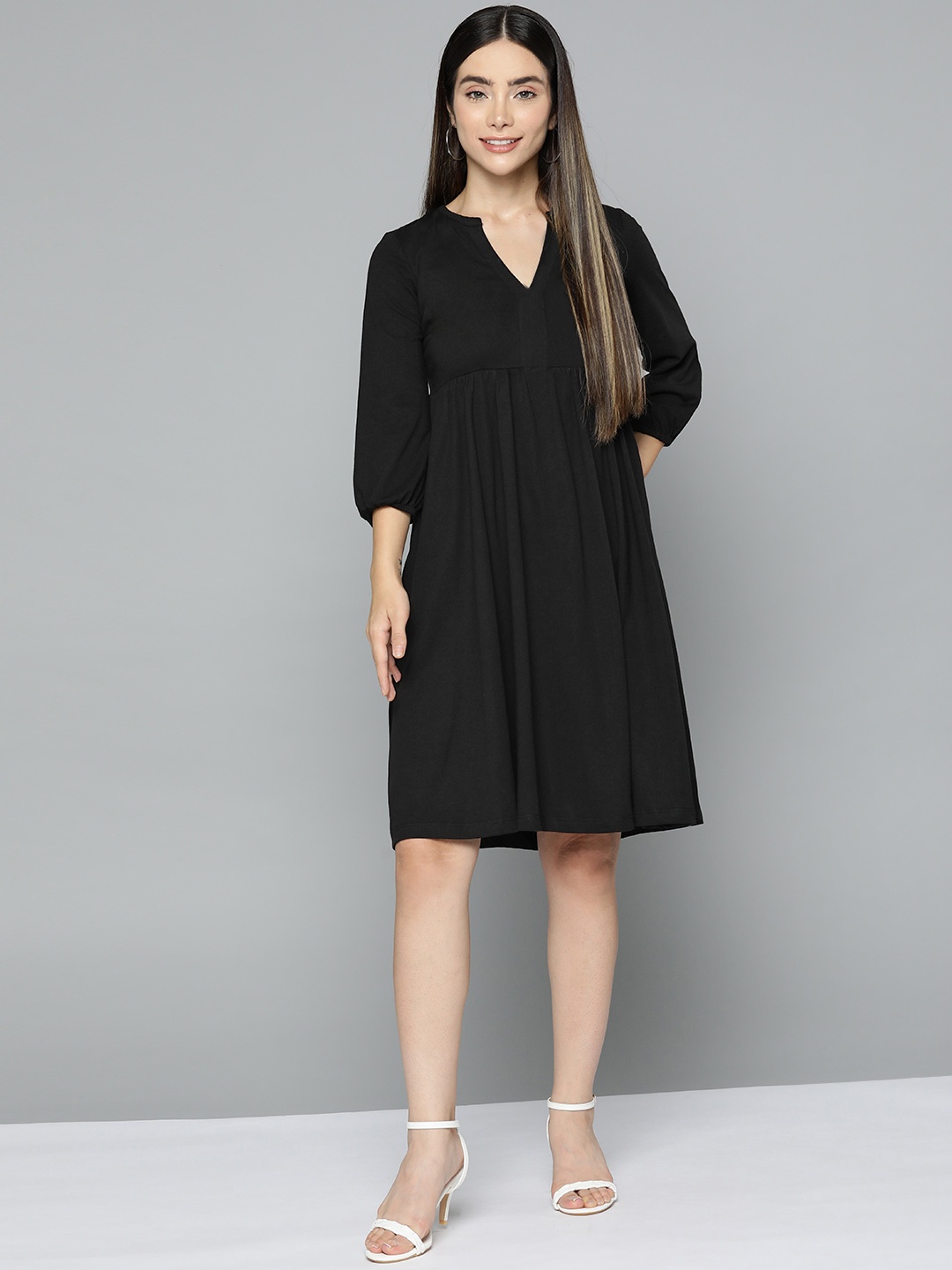

Femella Black Mandarin Collar Fit And Flare Dress
