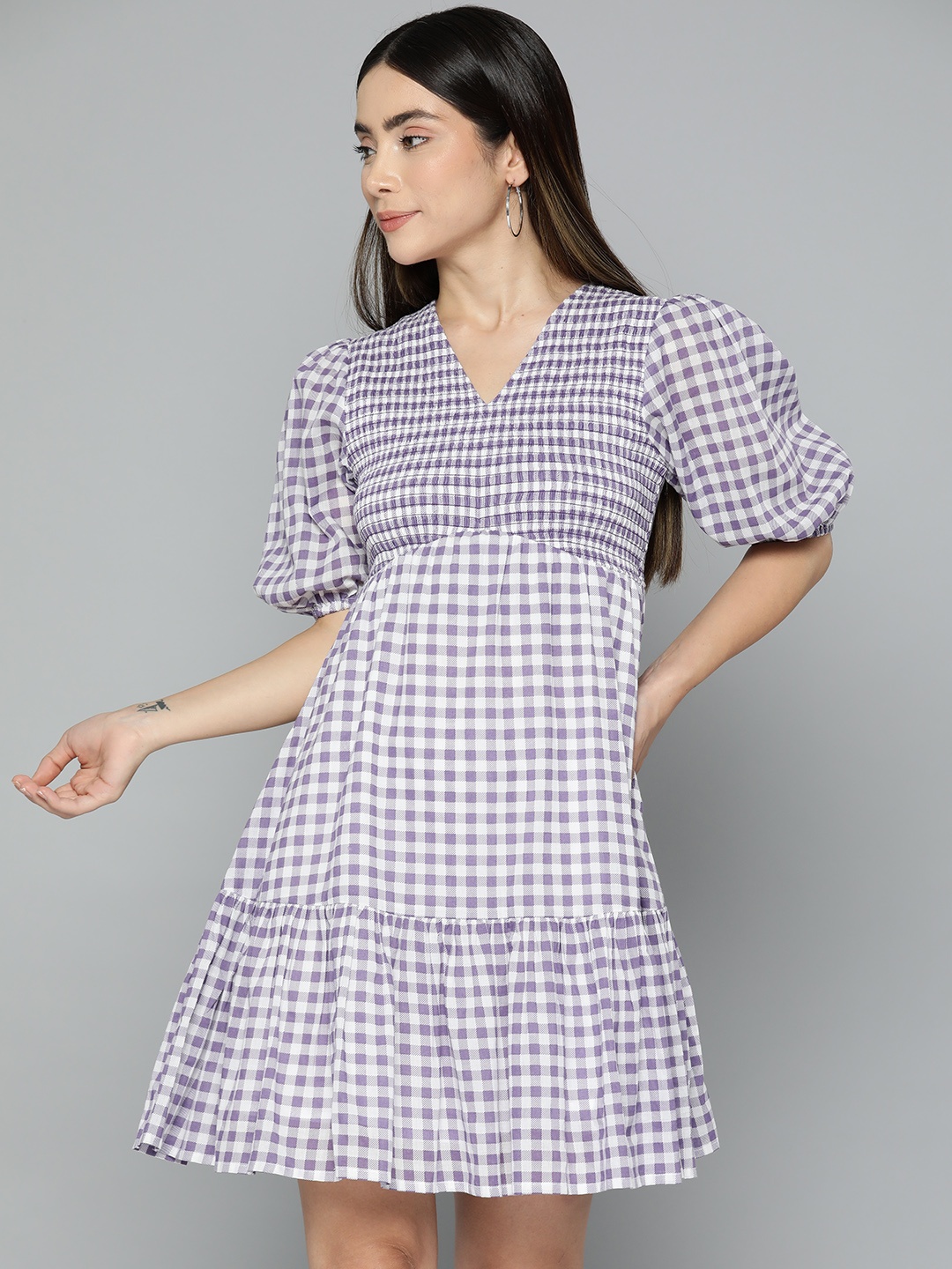 

Femella Lavender Checked Smocked Puff Sleeves Cotton Dress