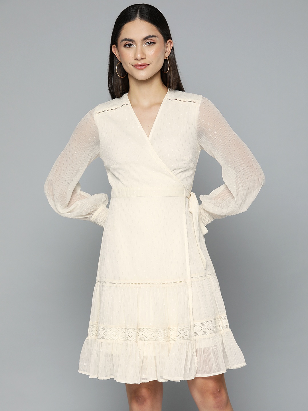

Femella Off White Lurex Wrap Mini Dress
