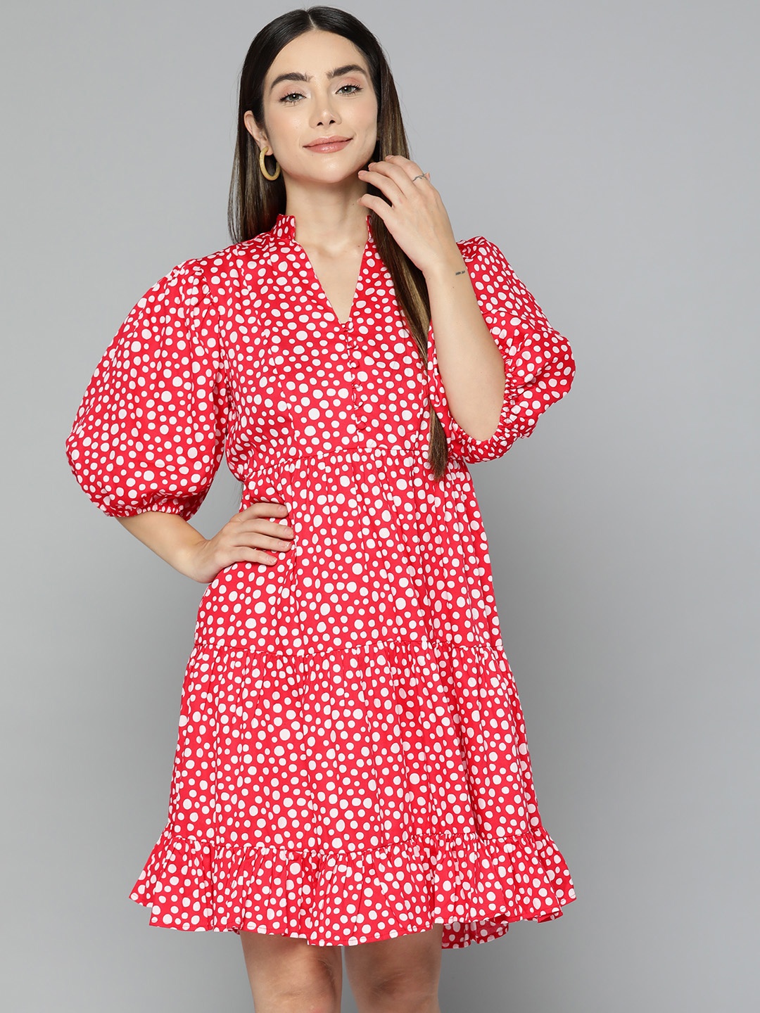 

Femella Red & White Polka Dots Tiered Cotton Midi Dress
