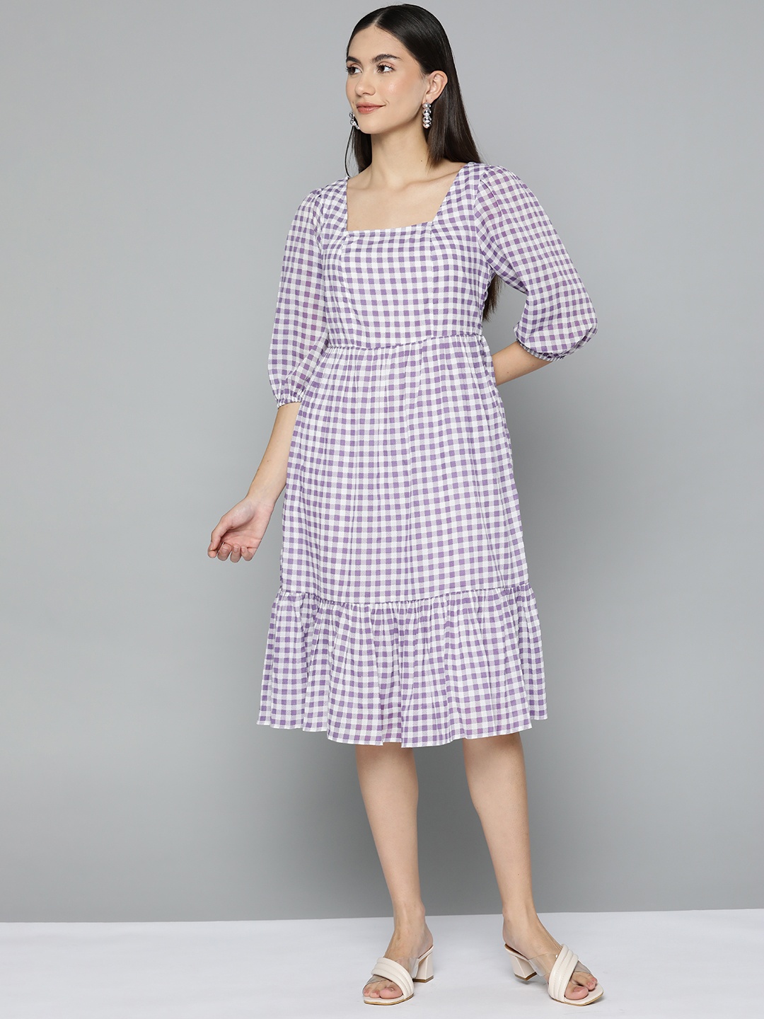 

Femella Lavender & White Checked Cotton Square Neck Midi Dress
