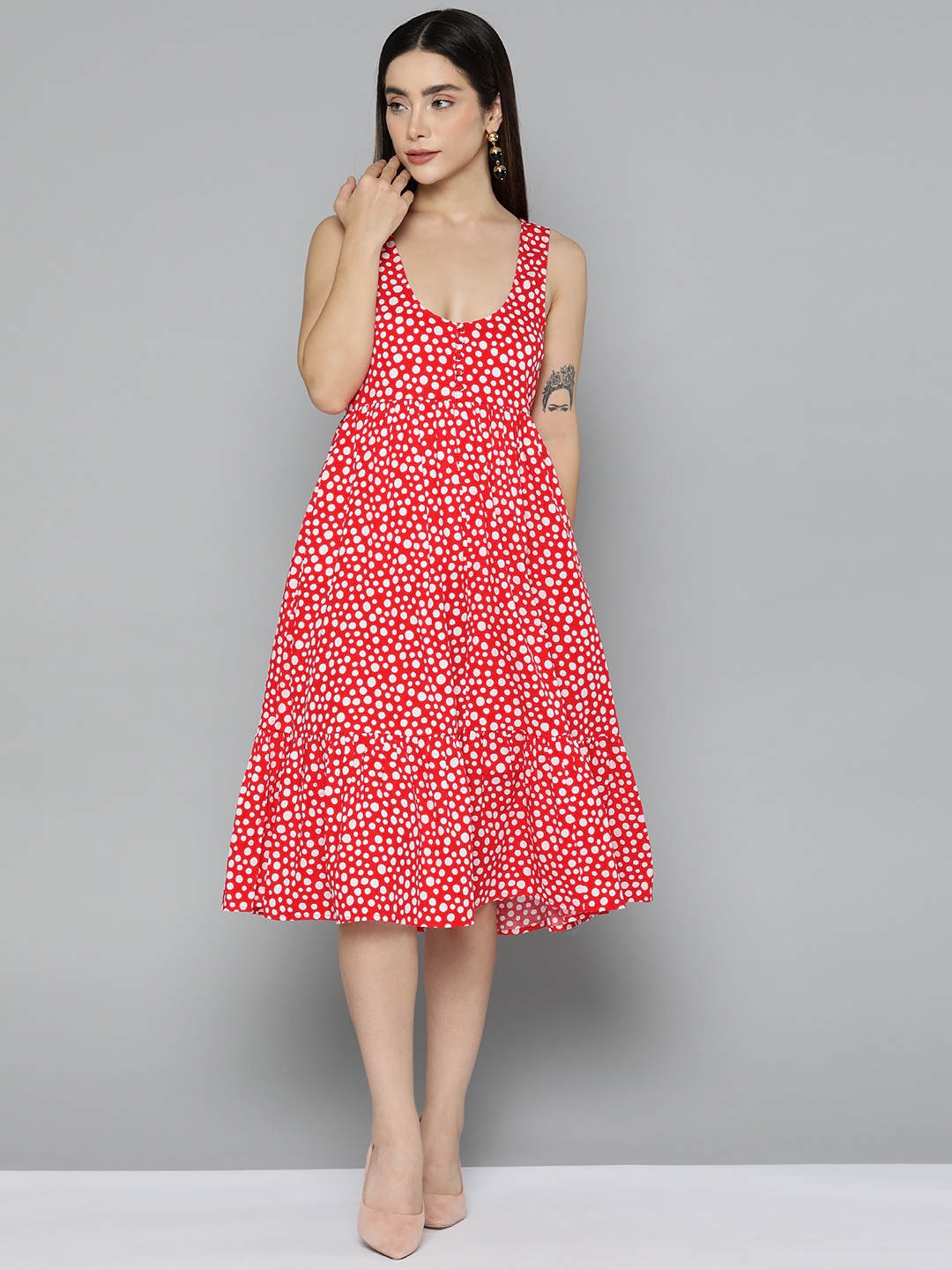 

Femella Red & White Polka Dots Tiered Cotton Midi Dress