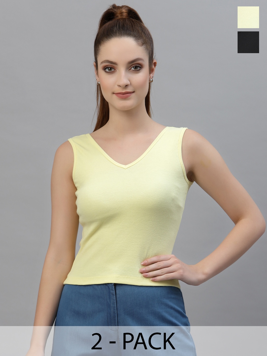 

Friskers Pack Of 2 Black & Yellow Organic Cotton Rib Crop Top