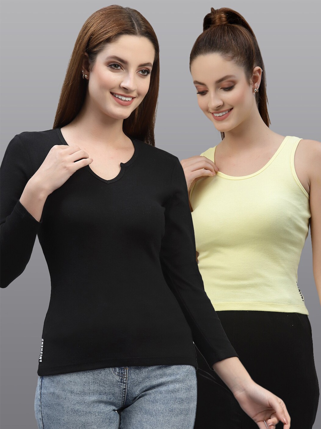 

Friskers Pack of 2 Women Black & Yellow Solid Organic Cotton Tank Top