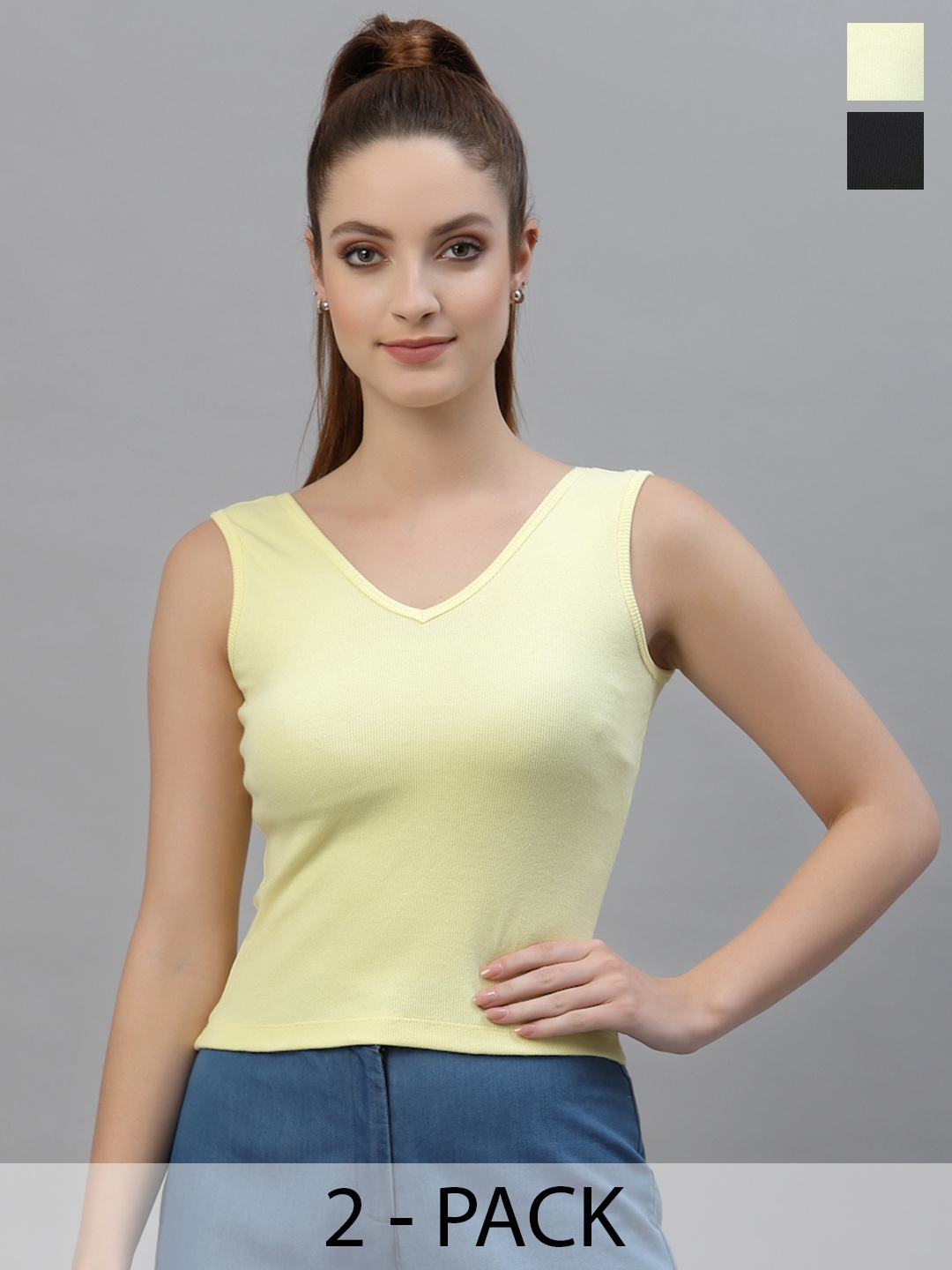 

Friskers Pack Of 2 Black & Yellow Fitted Organic Cotton Crop Top