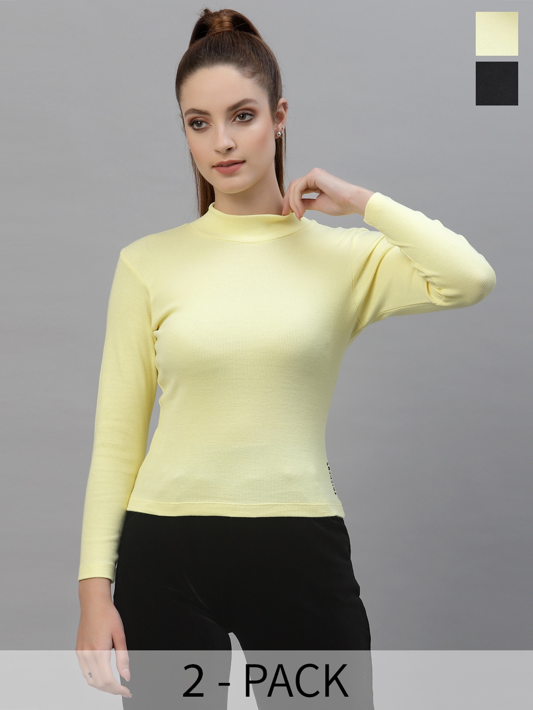

Friskers Women Pack Of 2 Black & Yellow Solid High Neck Organic Cotton Top