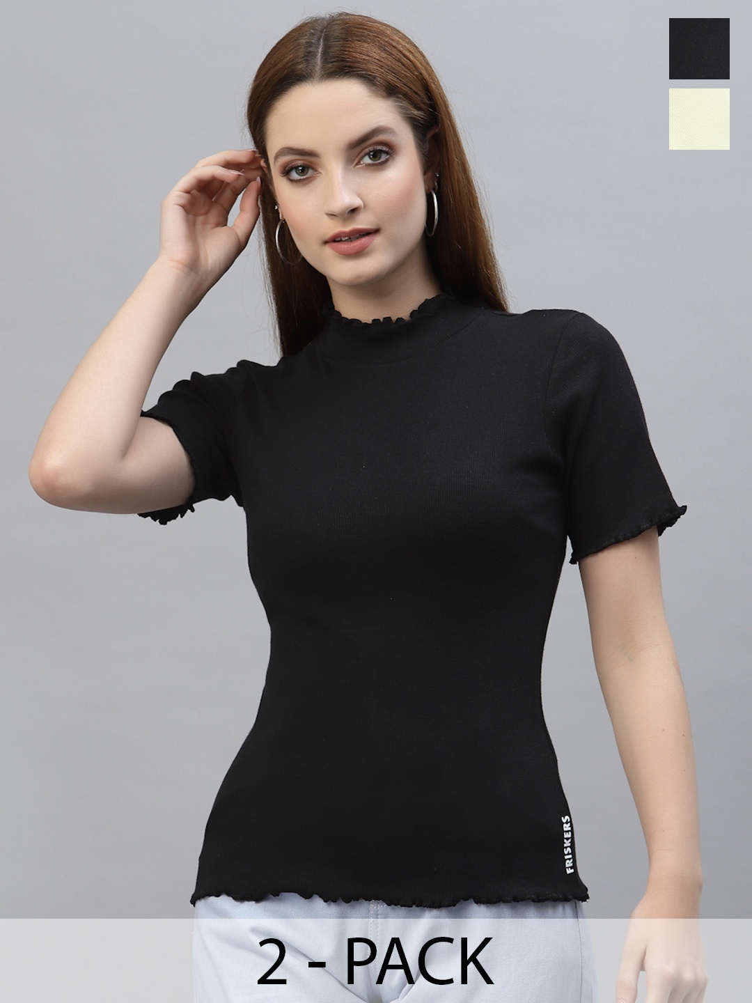 

Friskers Women Black & Yellow Pack of 2 Organic Cotton Top
