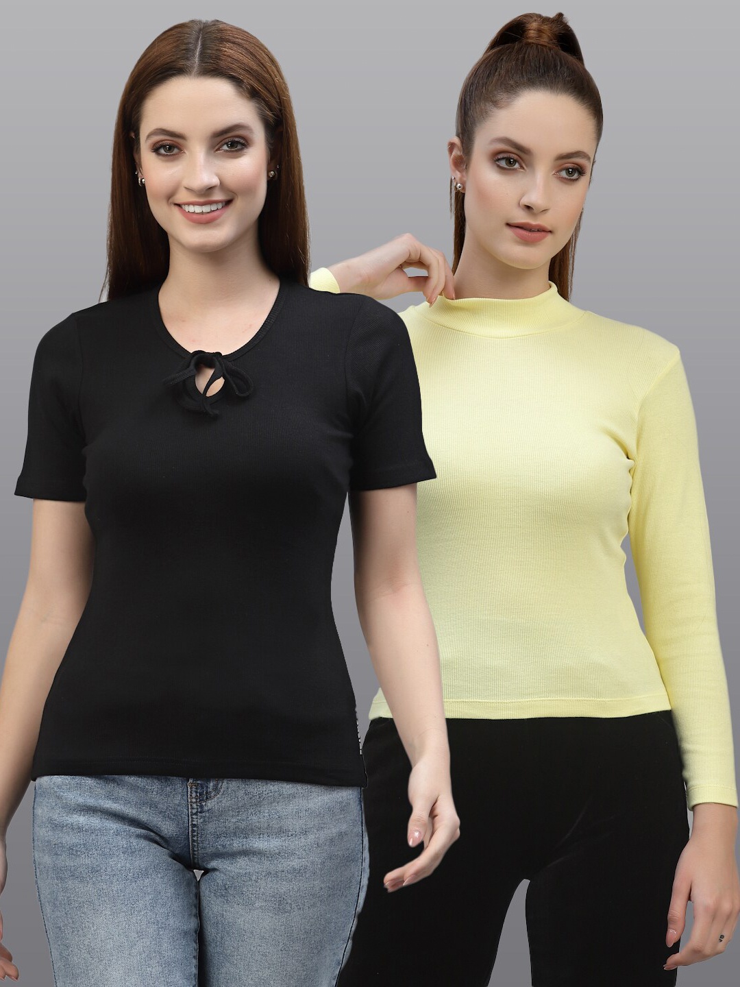 

Friskers Women Pack Of 2 Black & Yellow Solid Organic Cotton Regular Tops