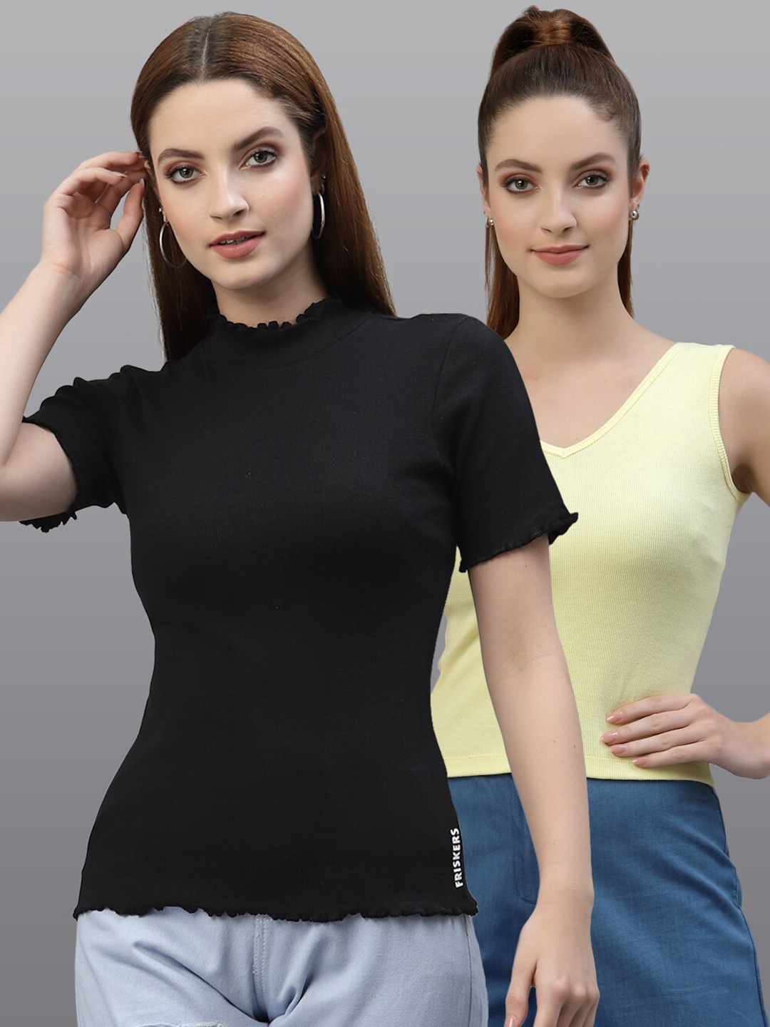 

Friskers Women Black & Yellow Pack of 2 Organic Cotton Top