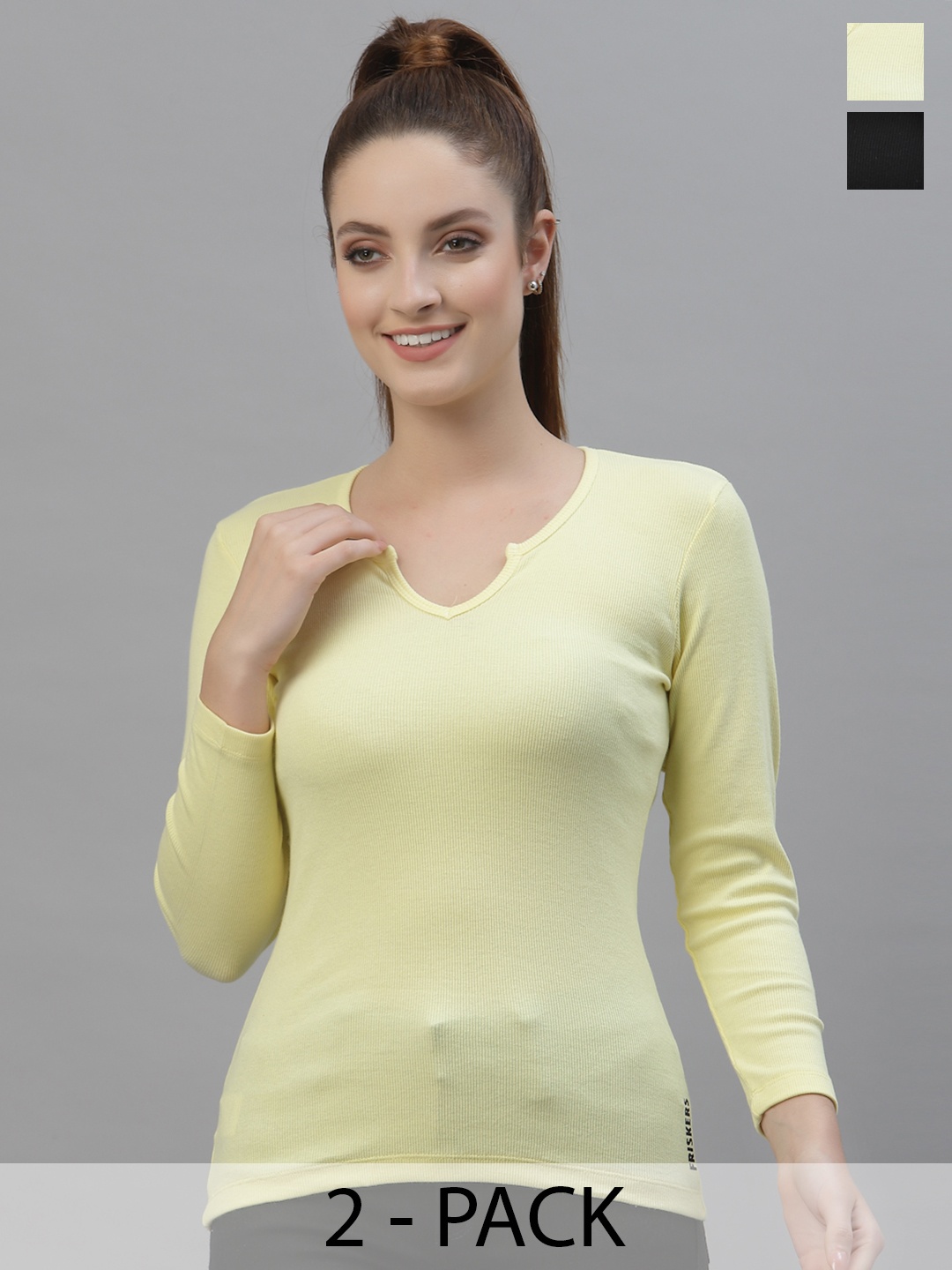 

Friskers Women Black & Yellow Organic Cotton Top Pack of 2
