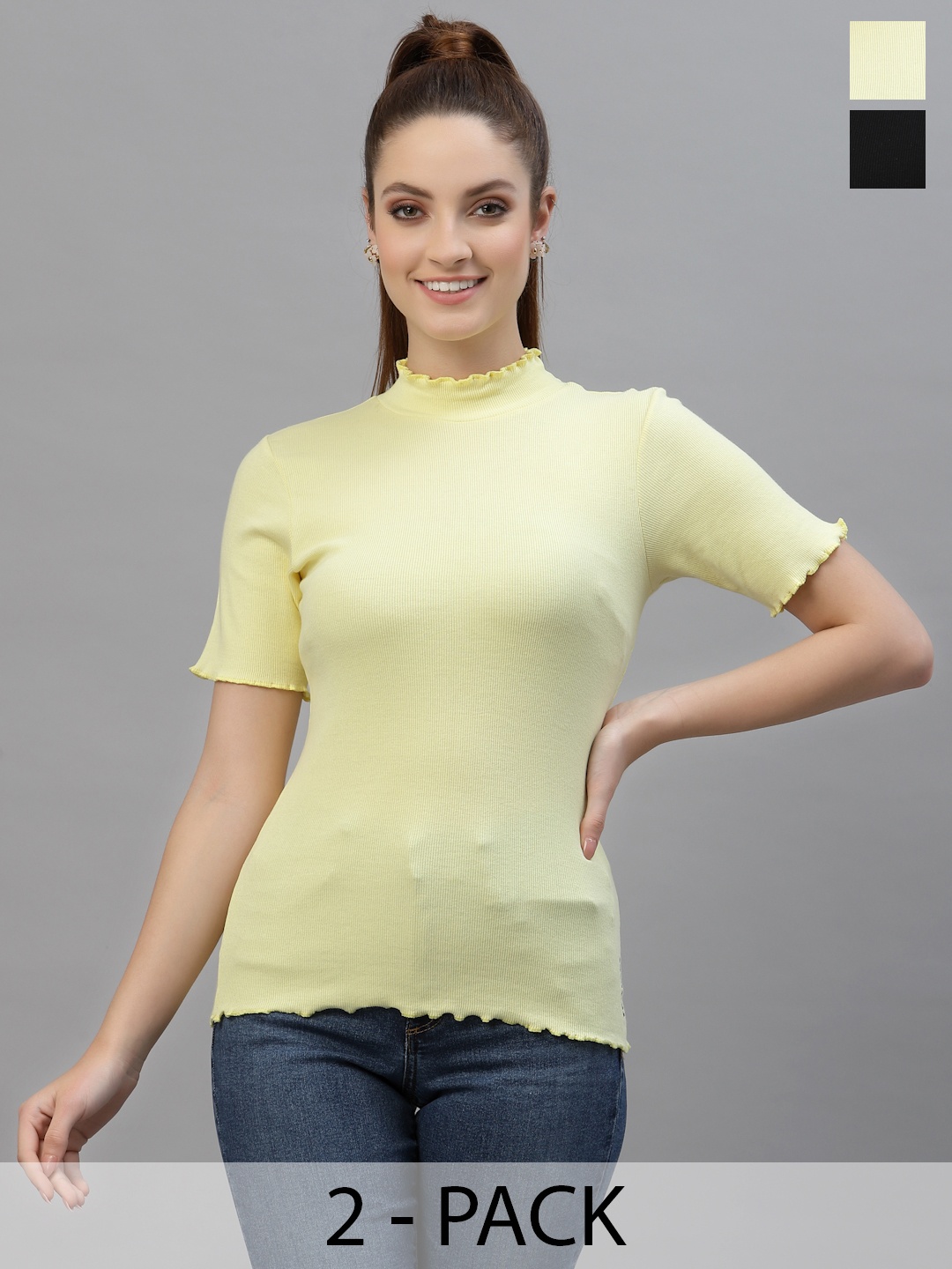 

Friskers Women Pack of 2 Black & Yellow Organic Cotton Top