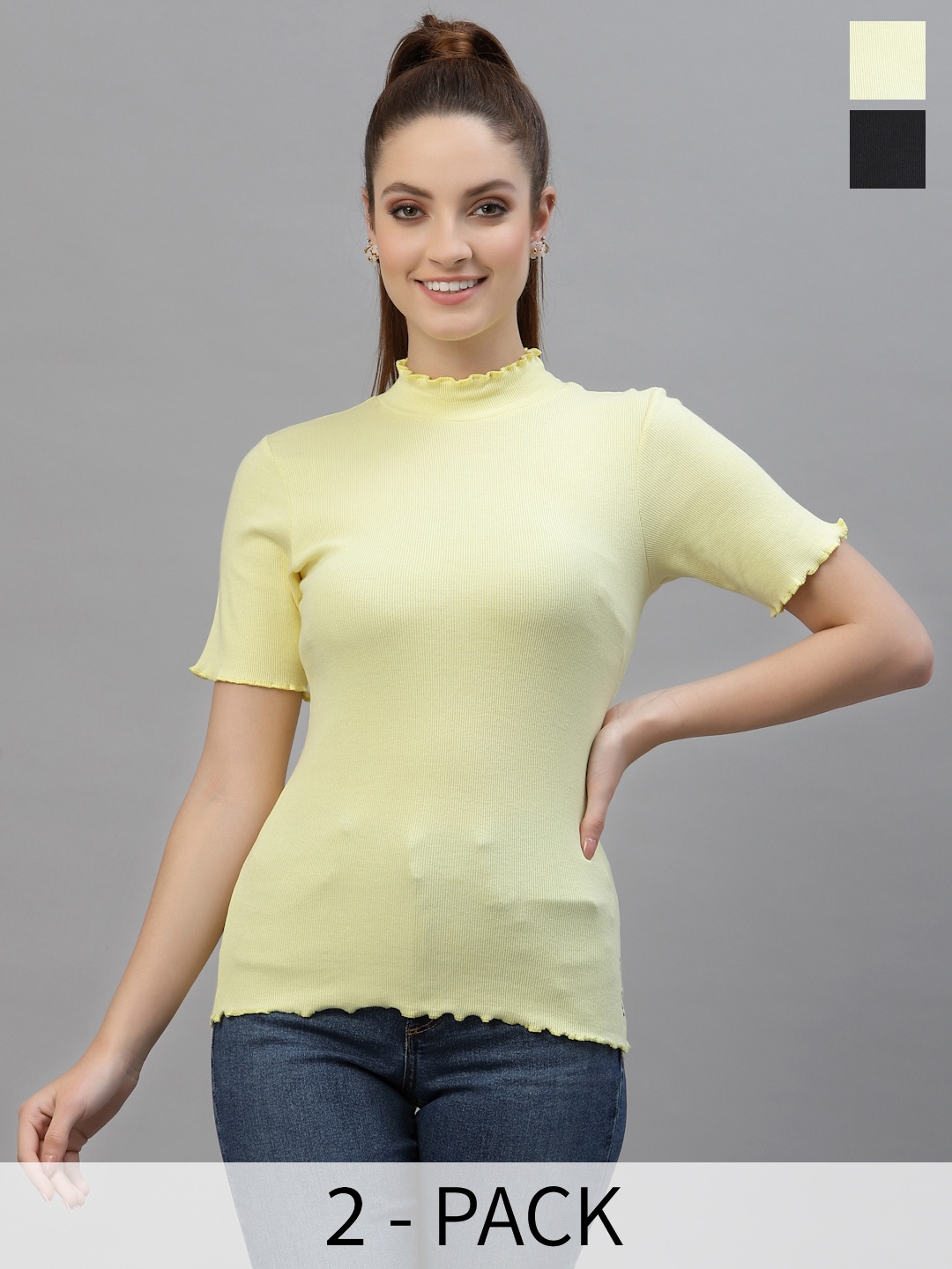 

Friskers Women Black & Yellow Pack Of 2 Organic Cotton Rib Top