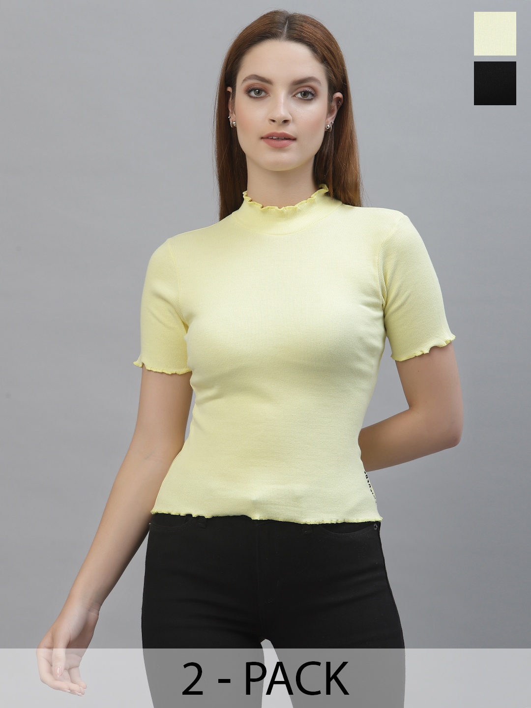 

Friskers Women Black & Yellow Pack Of 2 Organic Cotton Rib Top