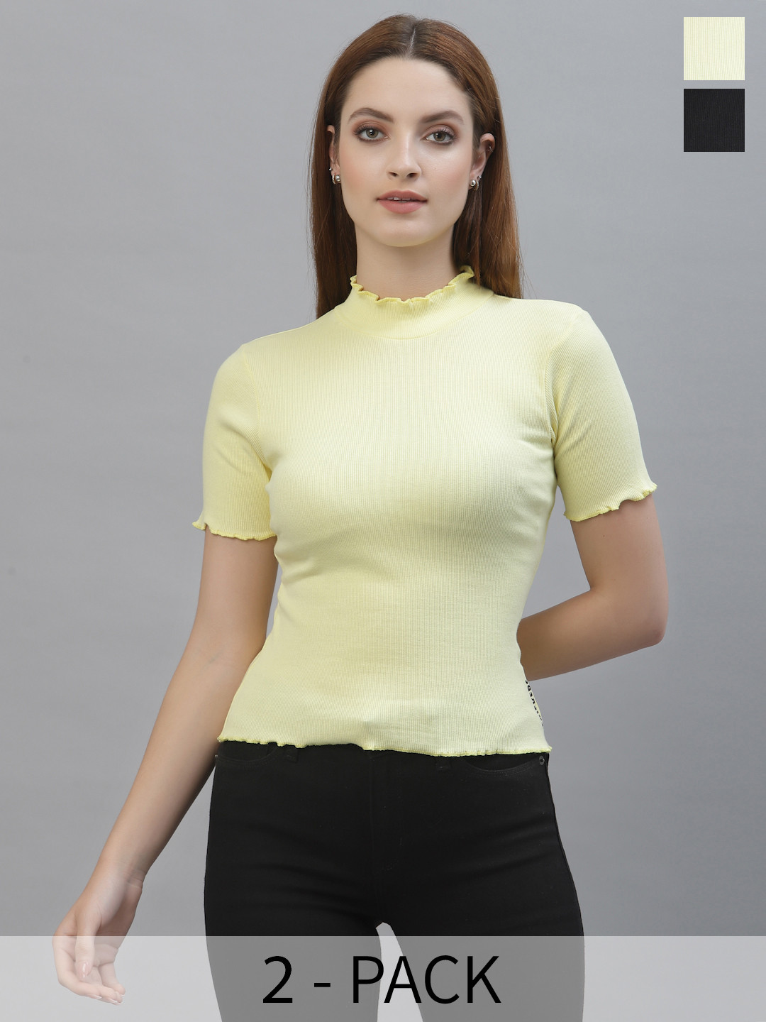 

Friskers Women Black & Yellow Pack Of 2 Organic Cotton Rib Top