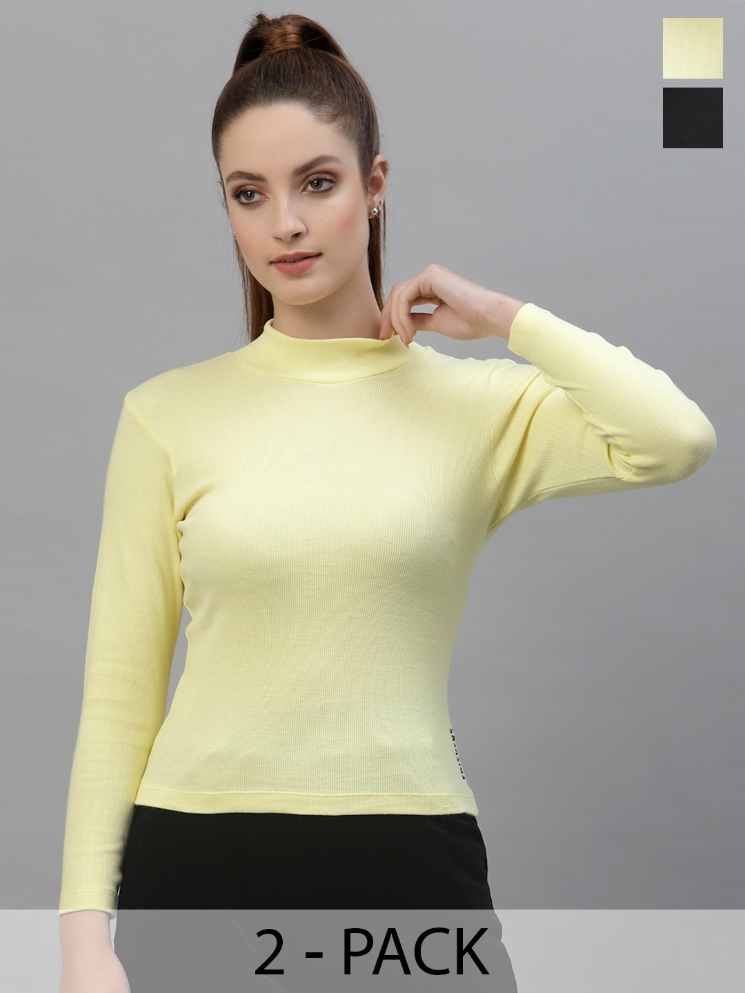 

Friskers Women Black & Yellow Pack Of 2 Organic Cotton Rib Top