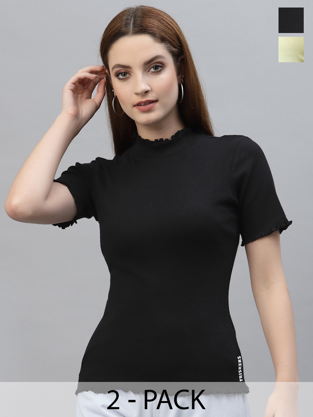 

Friskers Pack Of 2 Black & Yellow Fitted Organic Cotton ribbed Top