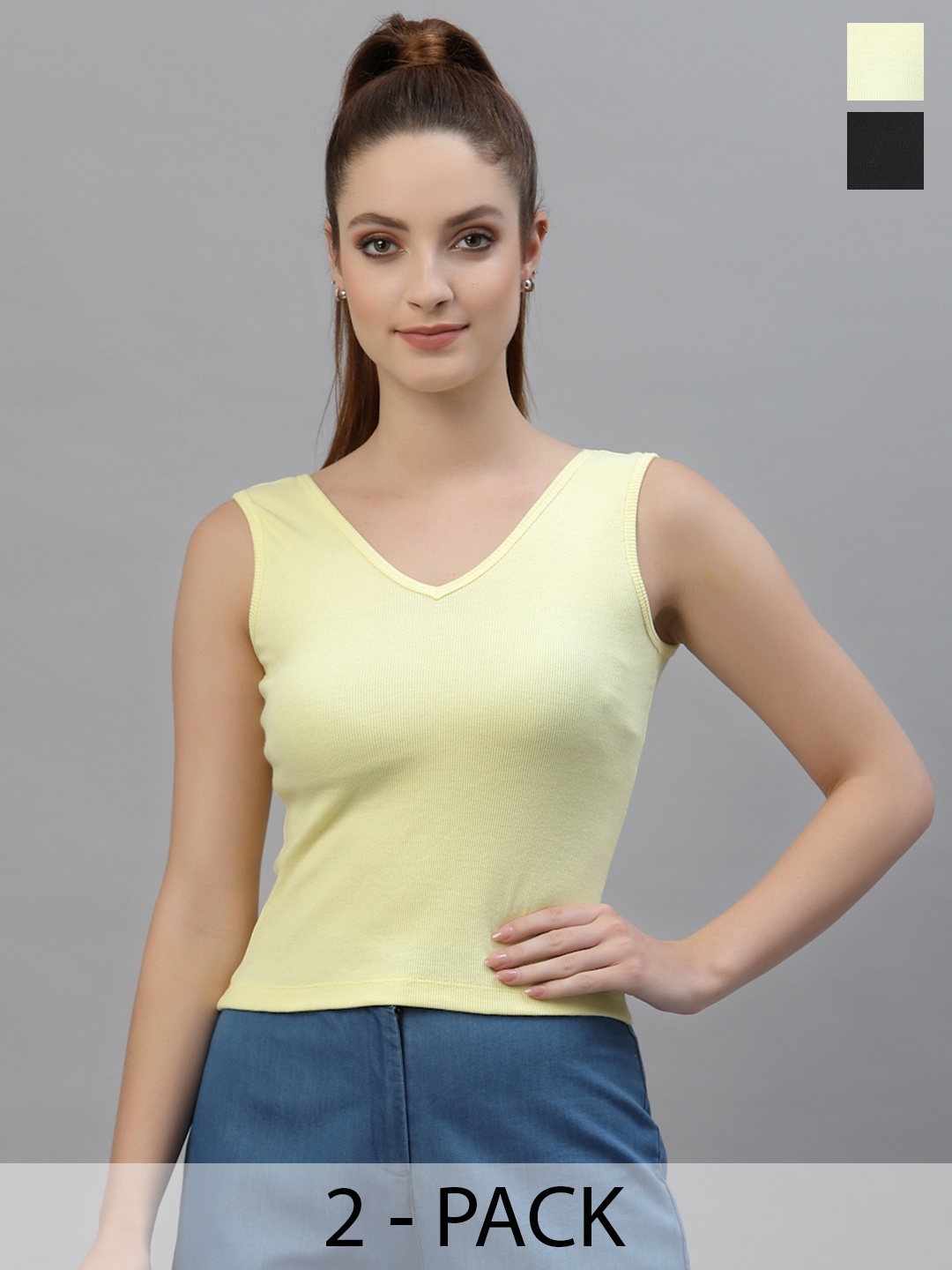 

Friskers Women Black & Yellow Organic Cotton Crop Pack Of 2 Top