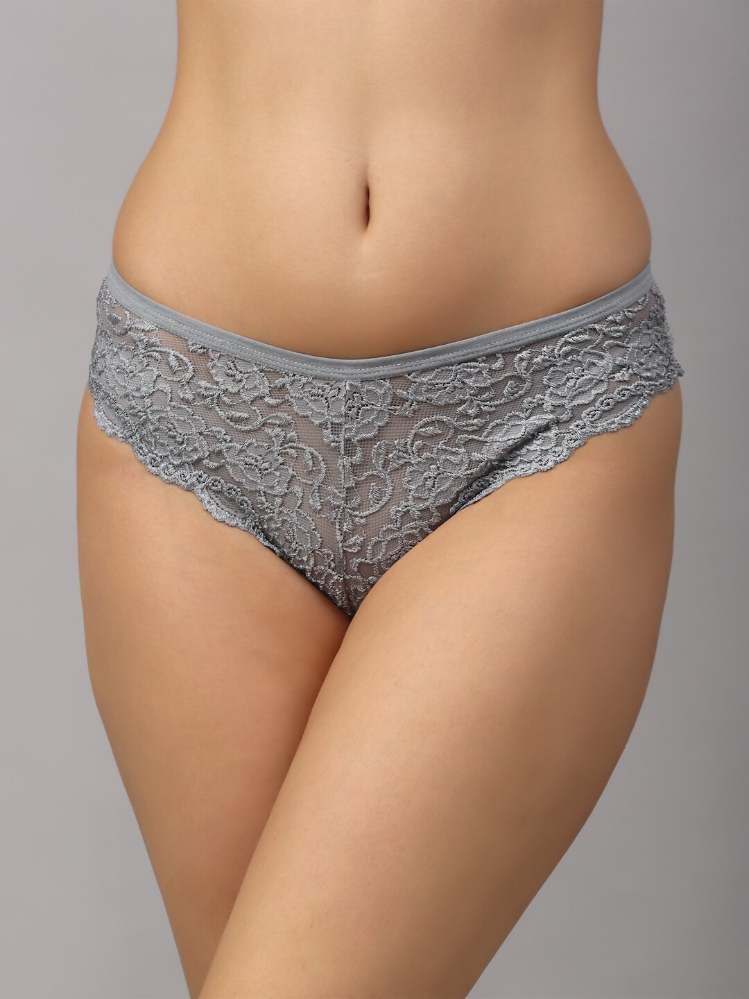 

PrettyCat Women Grey Lace Seamless Bikini Briefs-PC-PA-6038-GRY-S