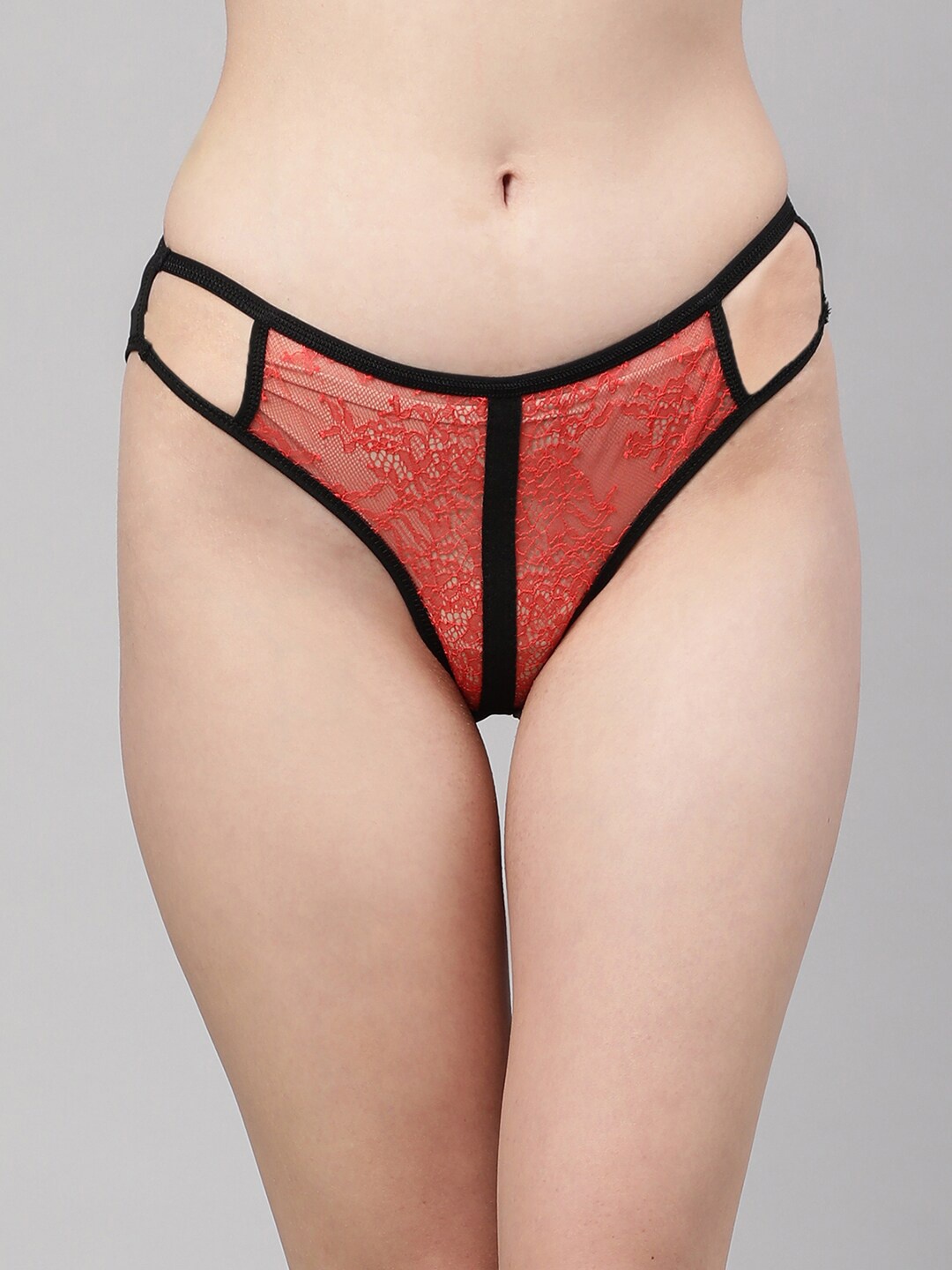 

PrettyCat Women Red Self Design lace Briefs