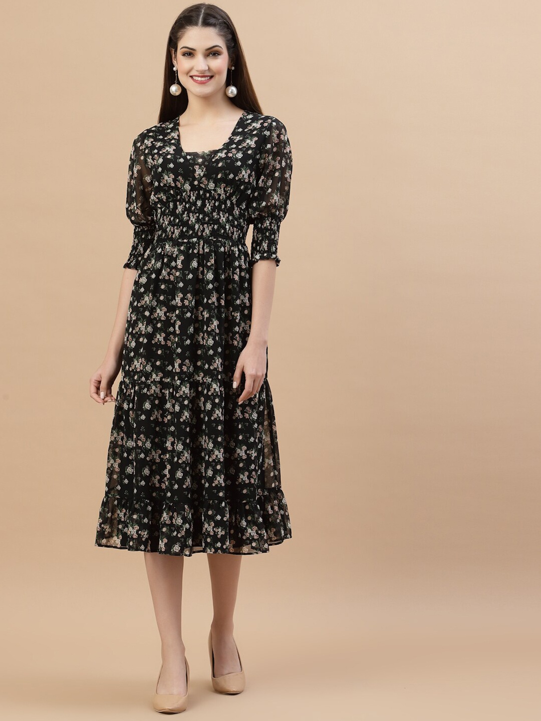 

Strong And Brave Black Floral Georgette Odour Free Midi Dress