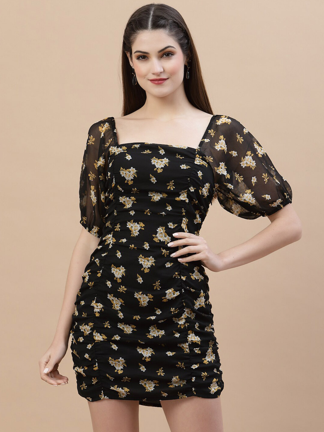 

Strong And Brave Black Floral Printed Odour Free Chiffon Ruched Sheath Mini Dress