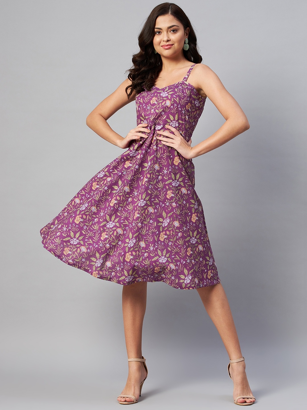 

MIRAVAN Purple & Beige Floral A-Line Midi Dress