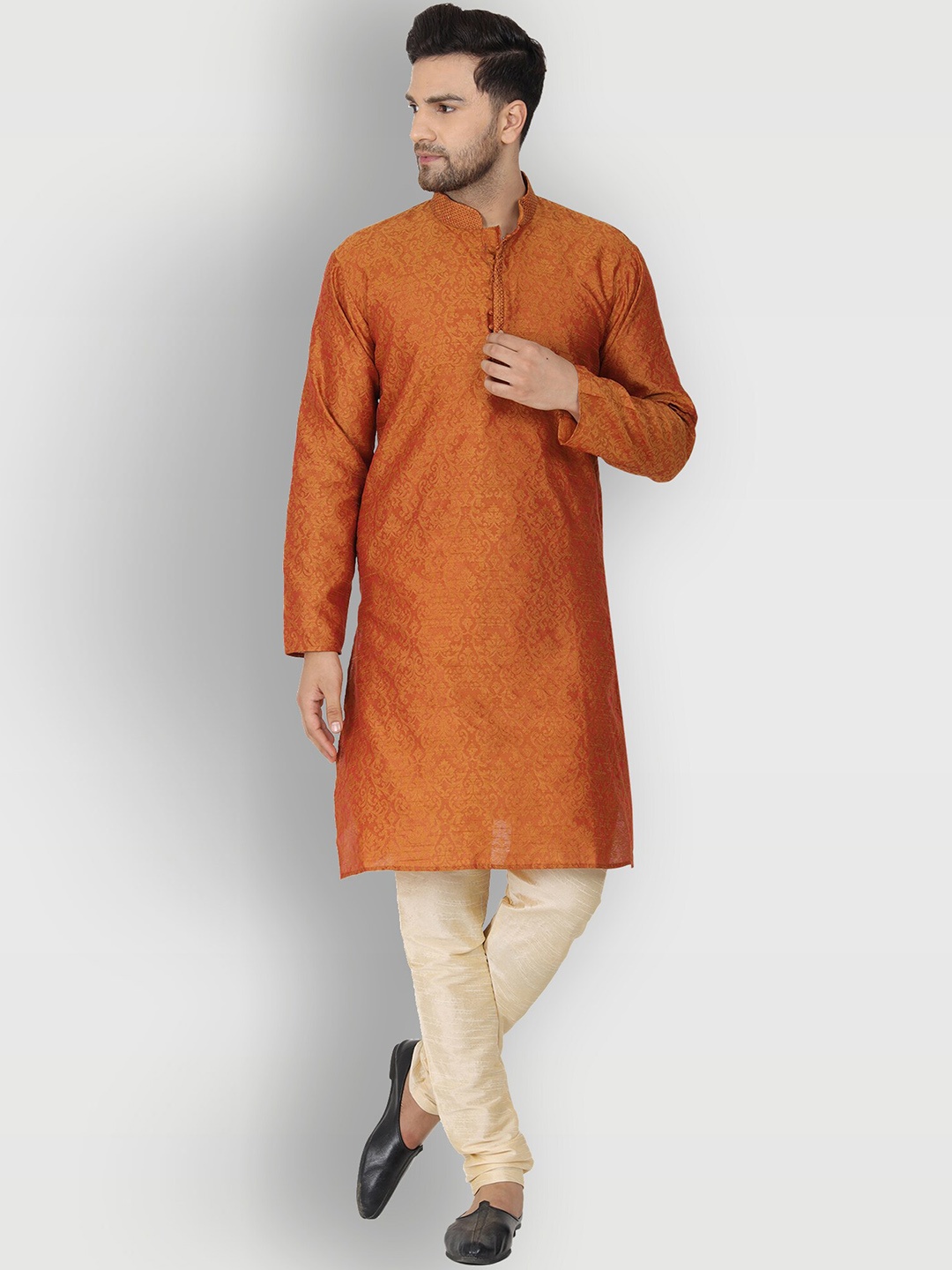 

Enciger Men Brown Thread Work Dupion Silk Kurta with Churidar