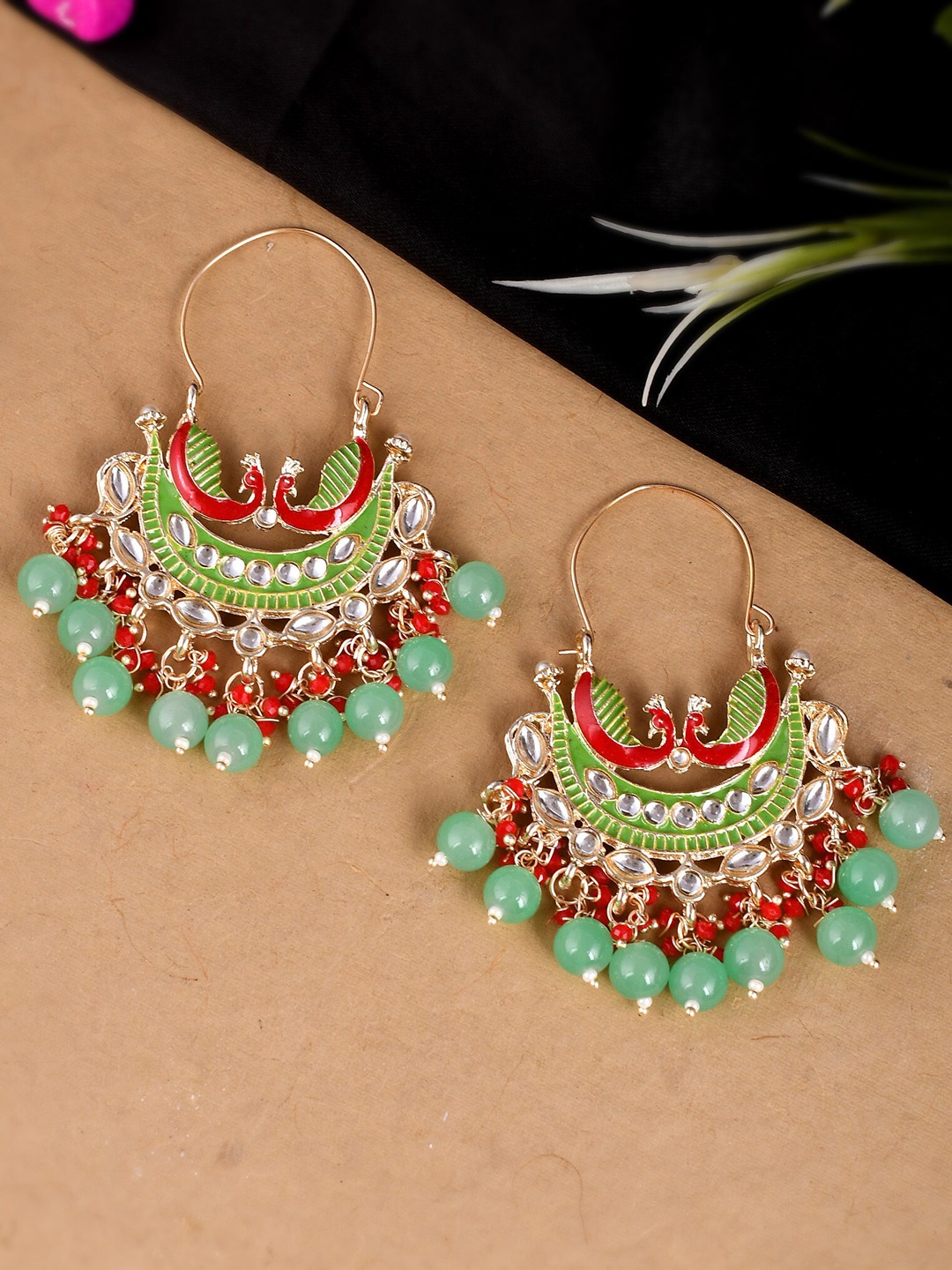 

Shoshaa Gold-Plated Lime Green & Red Contemporary Chandbalis Earrings